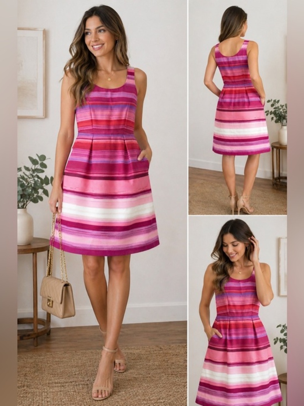 LOFT Striped A-Line Dress Pink Red Petite 6